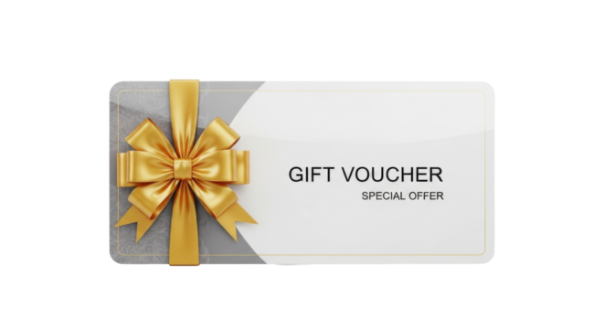 A gift voucher with a gold bow, offering a special promotion, isolated on white.