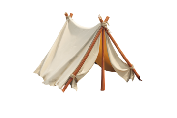 Simple, light beige canvas tent with wooden poles