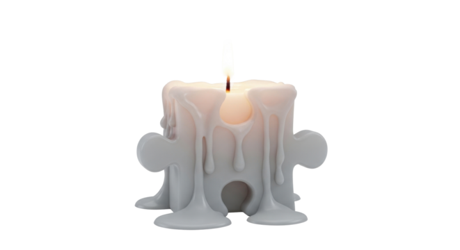 A burning candle shaped like a puzzle piece, with melted wax dripping down its unique form.