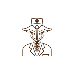 medical professional icon wearing scrubs and nurse hat with caduceus staff conveying healthcare solutions online care plan