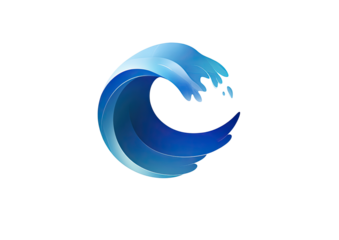Blue circular wave graphic.  Abstract design of a stylized ocean wave,  forming a rounded shape, with a gradient of blues and a textured edge