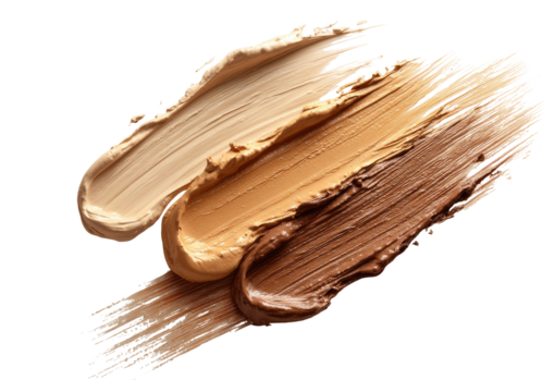 Three shades of foundation, swirled and layered, against a black background.  A close-up view of the product swatches reveals varied tones of beige and brown.  Brushstrokes suggest application
