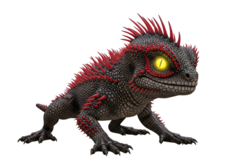 A small, fantasy lizard with vibrant red spikes and glowing yellow eyes, set against a stark black backdrop, presents a captivating and imaginative creature design.