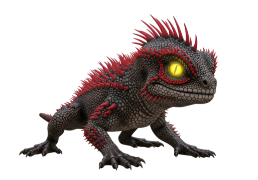 A small, fantasy lizard with vibrant red spikes and glowing yellow eyes, set against a stark black backdrop, presents a captivating and imaginative creature design.