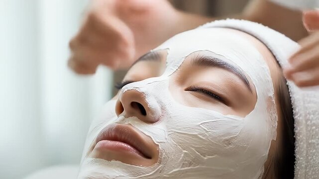 Woman Relaxing During Facial Treatment with White Cream Mask Applied Skillfully In Well-Lit Spa A Close Up of Beauty and Skincare Treatment to Enhance Skin Radiance and Well-Being - Powered by Adobe