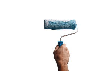 A hand holds a paint roller against a black background.  The roller is light blue, and the handle is blue and metallic.  A close-up view