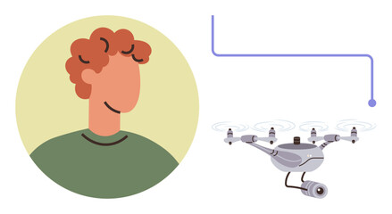 Person with curly hair next to flying Quadcopter featuring camera and hover propellers, connected by a line. Ideal for technology, innovation, surveillance, security, monitoring, control, futuristic