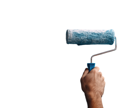 A hand holds a paint roller against a black background.  The roller is light blue, and the handle is blue and metallic.  A close-up view