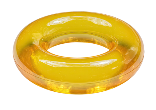 Circular, translucent, amber-yellow, ring-shaped object