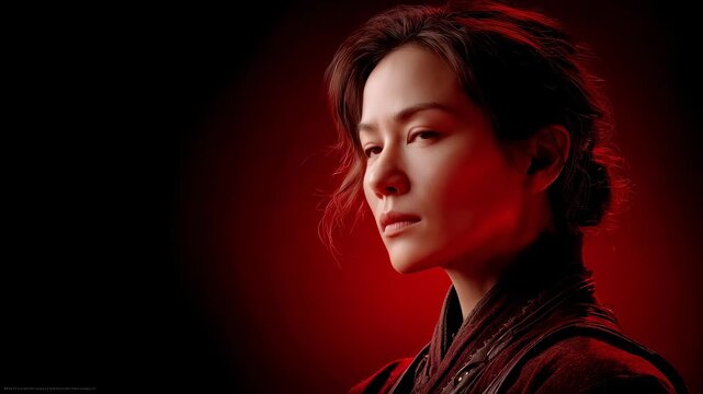 Resolute Gaze of Eastern Woman on Red Background