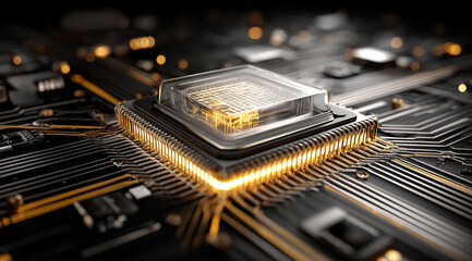Glowing CPU processing data on a modern computer motherboard