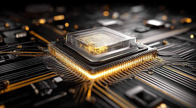 Glowing CPU processing data on a modern computer motherboard - Powered by Adobe