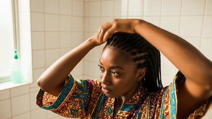 Young African Woman Applying Hair Oil to Braided Hair in Bright Bathroom with Colorful Robe for Beauty and Self Care Routine, Ideal for Beauty Ads, Promotion, and National Self Care Day