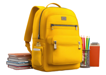 Bright yellow backpack with school supplies
