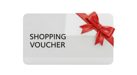 A white shopping voucher with a red ribbon bow, ready for gifting.