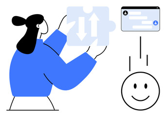 Woman holding puzzle piece with arrows signifying connection, next to chat window and smile face diagram. Ideal for teamwork, problem-solving, communication, collaboration, customer support