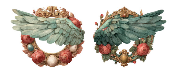 Elegant Winged Circular Frames with Floral Decorations and Detailed Artistry