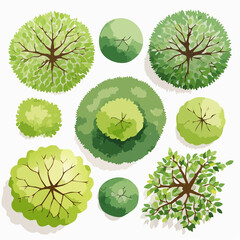 set of watercolor green trees top view for landscape plan and architecture layout or gardening