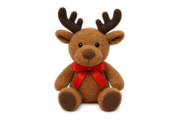 Fototapeta premium Cute plush reindeer toy sitting with red bow on transparent background