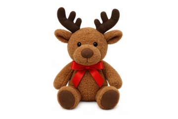 Cute plush reindeer toy sitting with red bow on transparent background