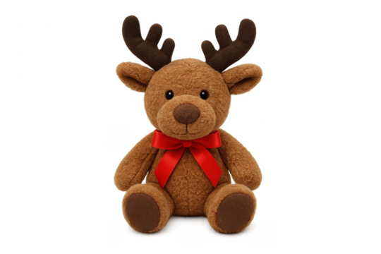 Cute plush reindeer toy sitting with red bow on transparent background
