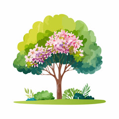 Vector watercolor blooming flower tree or forest side view isolated on white background for landscape and architecture drawing,elements for environment or and garden,shrub for section ,Set of floral