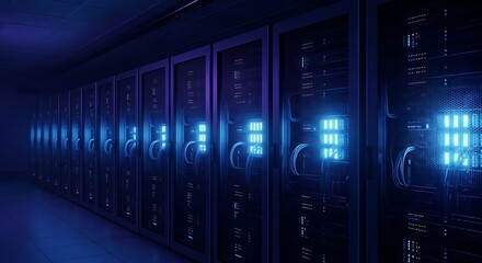 Modern Data Center with Server Racks and Glowing Blue Network Infrastructure
