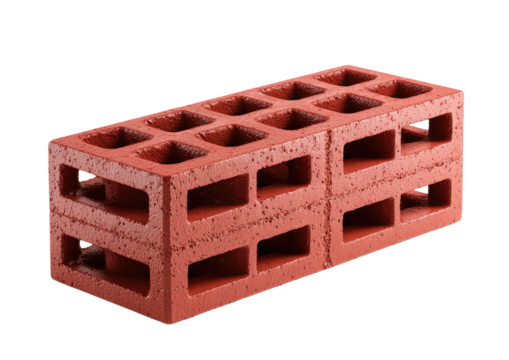 A single, rectangular, reddish-brown hollow building block.?Its?surface is textured,?and it has?a series of evenly spaced,?rectangular?holes?running?vertically?