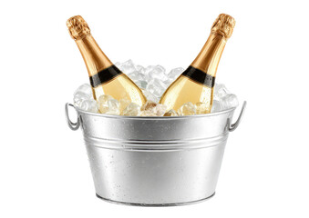Two champagne bottles chilled in a metal ice bucket
