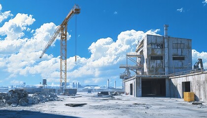 The illustration shows a construction or demolition site featuring a tall yellow crane, a weathered factory building, and various construction materials scattered on the ground against a backdrop of