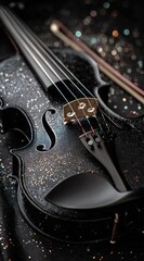 A close-up view of a glossy black violin with gold specks, bow beside, atop a textured surface with bokeh. Elegant, detailed, artistic composition