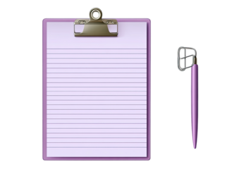 A lilac clipboard with lined paper and a matching pen