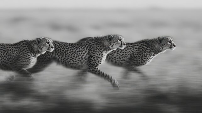 Three cheetahs sprint across a blurred plain in black and white, conveying speed and power. Motion blur emphasizes their swift movement