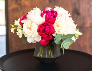Elegant bouquet of peonies and greenery in a modern vase