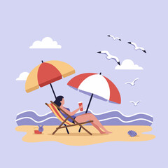 A woman relaxing on a beach chair under an umbrella, enjoying a drink by the ocean with seagulls overhead