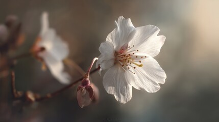 Delicate macro shot captures white cherry blossom in soft sunlight against blurred background