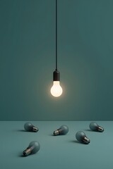 Minimalist conceptual image of a glowing light bulb hanging from wire surrounded by four unlit bulbs on teal background, symbolizing innovation, creativity, leadership, bright ideas