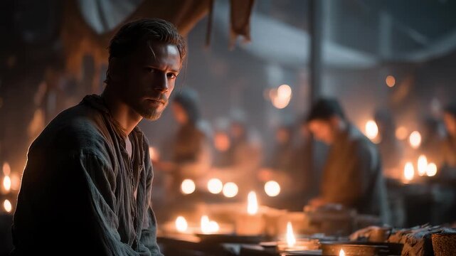 Medieval Blacksmiths Working Attentively in Dim Light