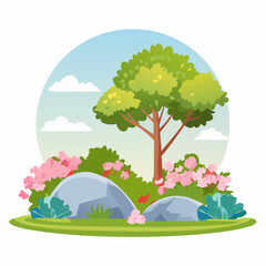 Shrub for section,moss with rock,stone, Vector watercolor blooming flower tree or forest side view isolated on white background for landscape and architecture drawing,elements for .