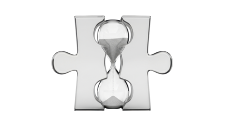 A silver hourglass positioned within the shape of a puzzle piece, symbolizing time and problem-solving.