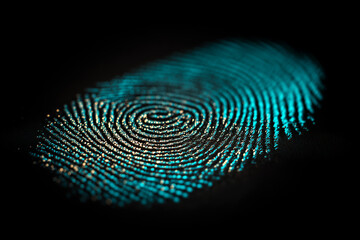 Abstract biometric fingerprint glowing in blue network light for security