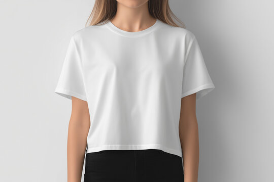 Classic white boxy t-shirt mockup displayed on model with soft lighting