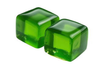 Two vibrant green, square, jelly candies.  Glossy, translucent cubes.  Close-up, isolated