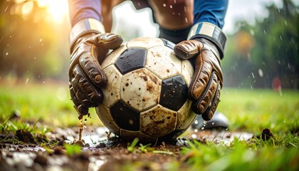 Soccer goalie catching a muddy ball (1)