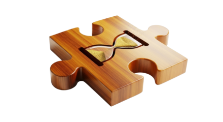 Wooden puzzle piece incorporating an hourglass, symbolizing time management and the completion of tasks.