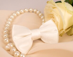 Elegant cream-colored bowtie, pearls, and rose