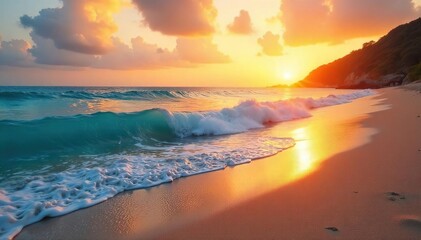 Serene beach background at sunset, soft golden light illuminating the tranquil ocean waves and sandy shore Perfect for travel, vacation, or summer themes , water, serene, yellow
