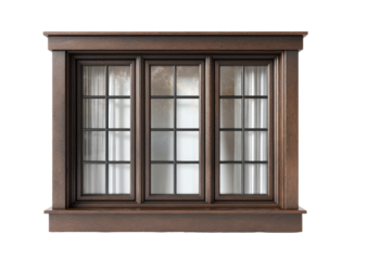 Ornate wooden window with divided panes and curtains