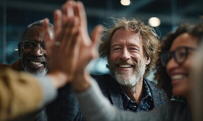 Smiling diverse group high-fiving; joyful celebration of teamwork and success