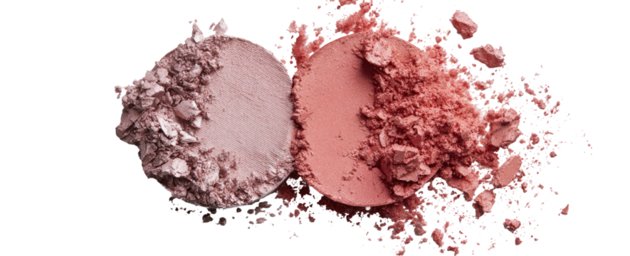 Two circular palettes of crushed blush, one light and one medium rose, scattered against a black background